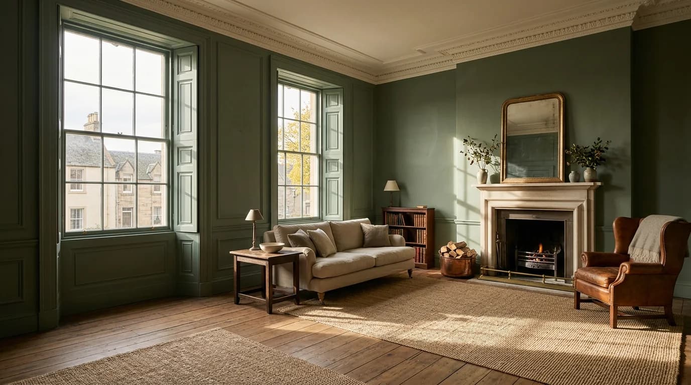 Illustrative colour study of a Georgian sitting room with sage painted walls, tall sash windows and afternoon light. Not a completed Aethos project.