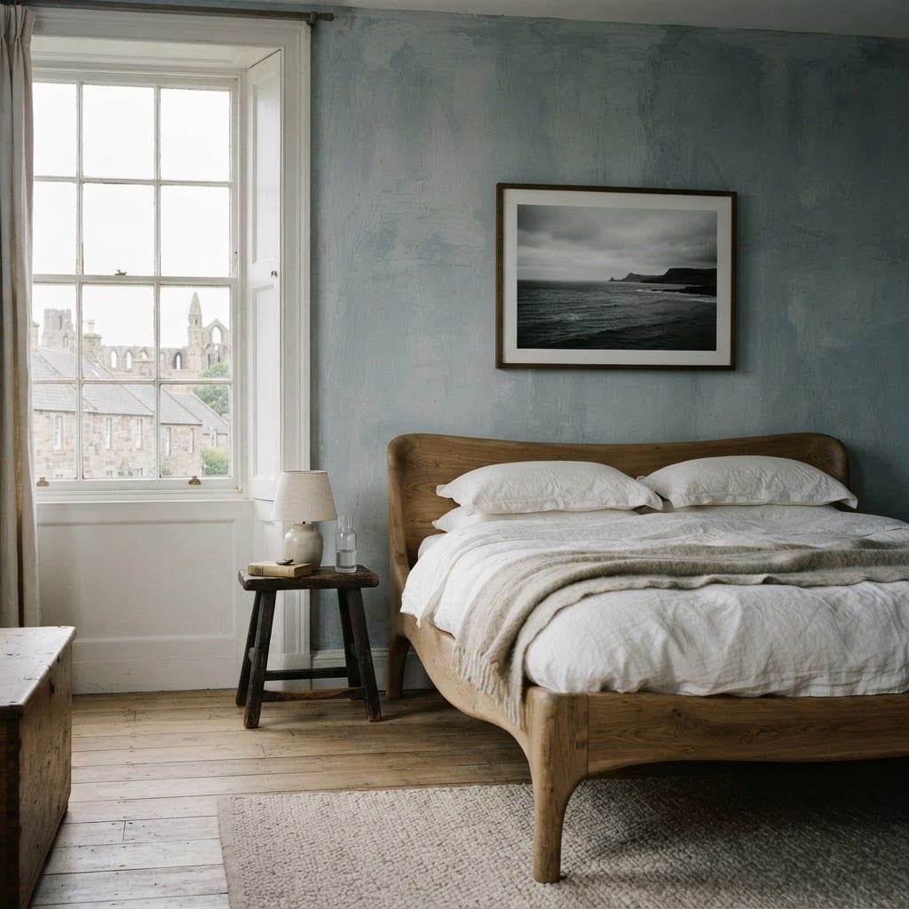 Bedroom with muted blue walls and painted timber trim
