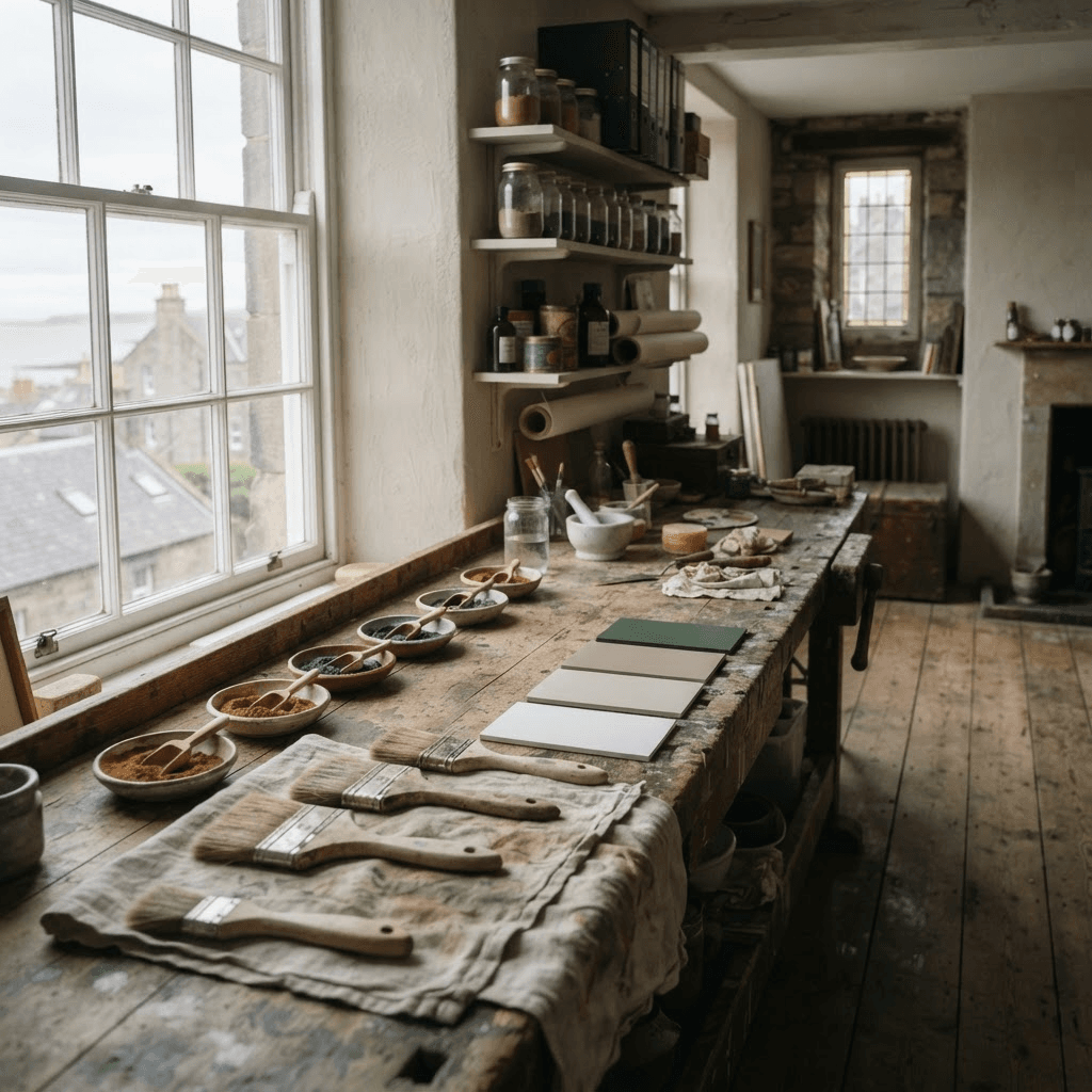 Paint brushes, colour samples and materials in the Aethos studio