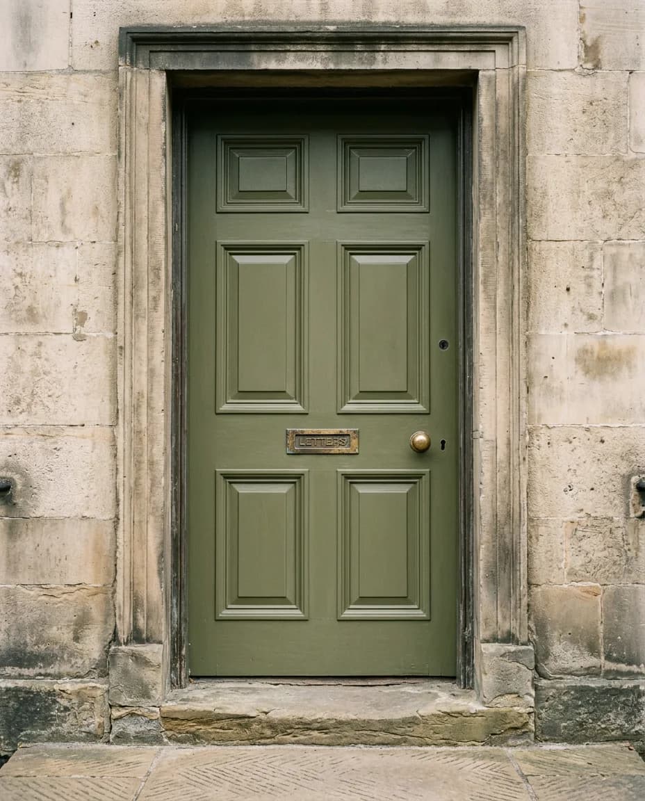 Illustrative preserved green panelled timber front door with brass fittings and sandstone surround