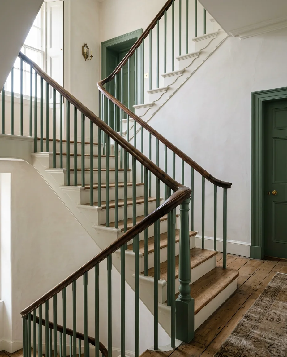 Illustrative staircase with green painted spindles, timber treads and a retained oak handrail