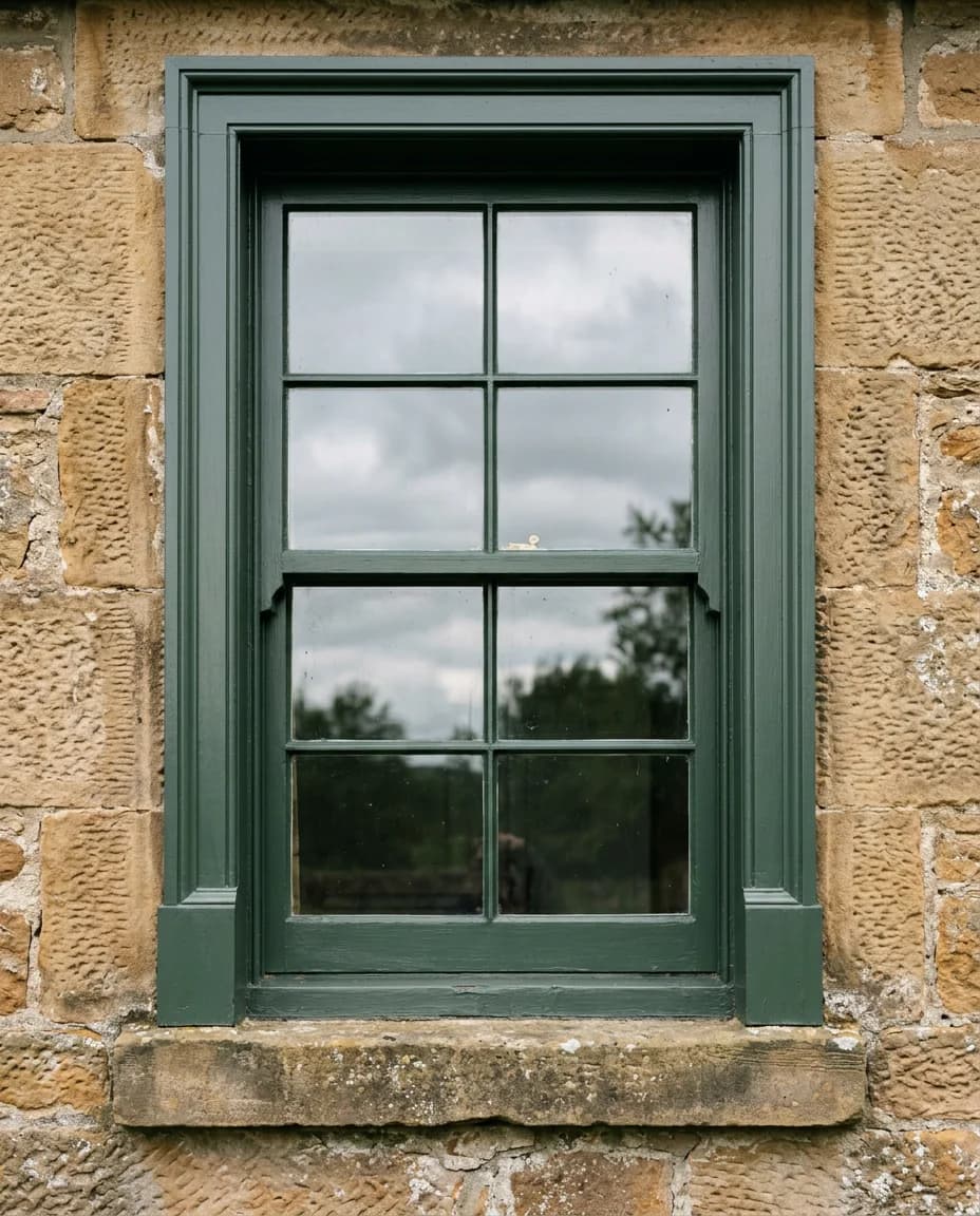 Illustrative green painted timber sash window in a sandstone surround